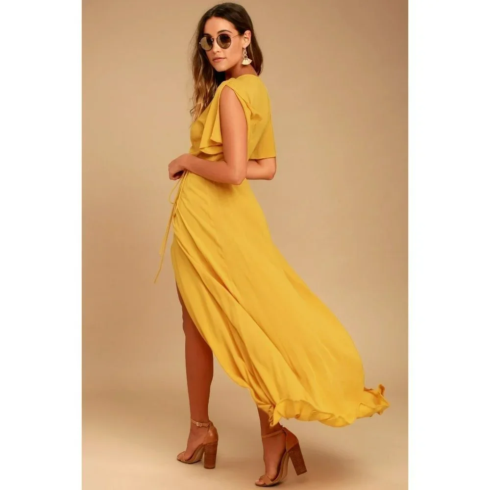 Lulus Much Obliged Golden Yellow Wrap Maxi Dress Women's Size M - Picture 2 of 14
